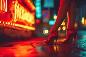 Legs of a beautiful girl wearing red high heels at night and sign glowing